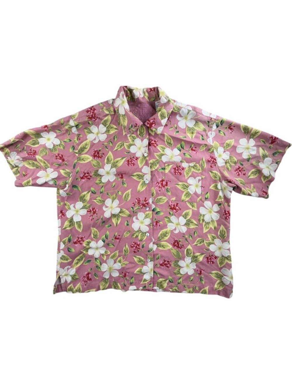 Pussers Shirt Womens XL Pink Floral Silk Hawaiian Aloha Button Up Short Sleeve
